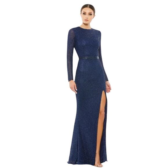 MAC DUGGAL Dress Size 8 Evening Gown Sequin Navy Blue Beaded NEW Long Sleeve - Picture 1 of 7